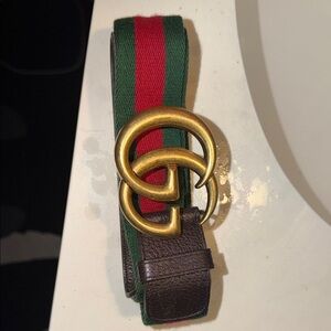 Gucci Green and Red Web Stripe Belt with Antique Gold Double G Buckle